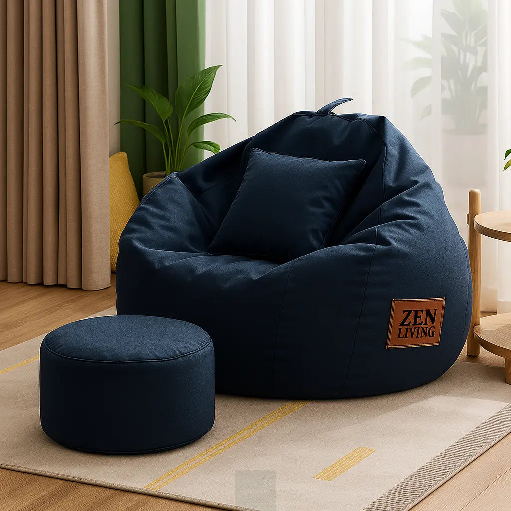 ZenLiving® 4XL Filled Bean Bag Combo – Faux Leather | Navy Blue | Footrest + Cushion Zen Living