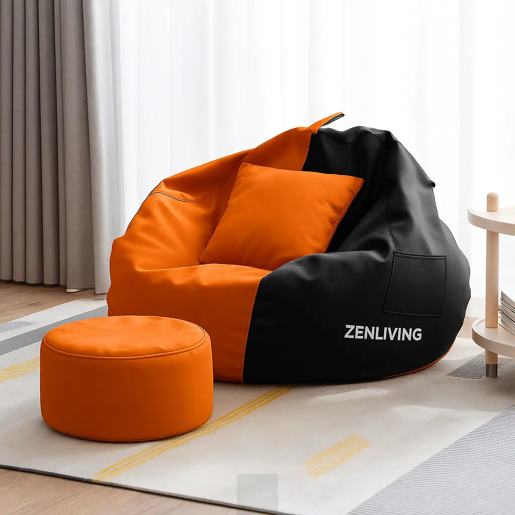 ZenLiving® 4XL Filled Bean Bag Combo – Faux Leather | Orange & Black | Footrest + Cushion Zen Living