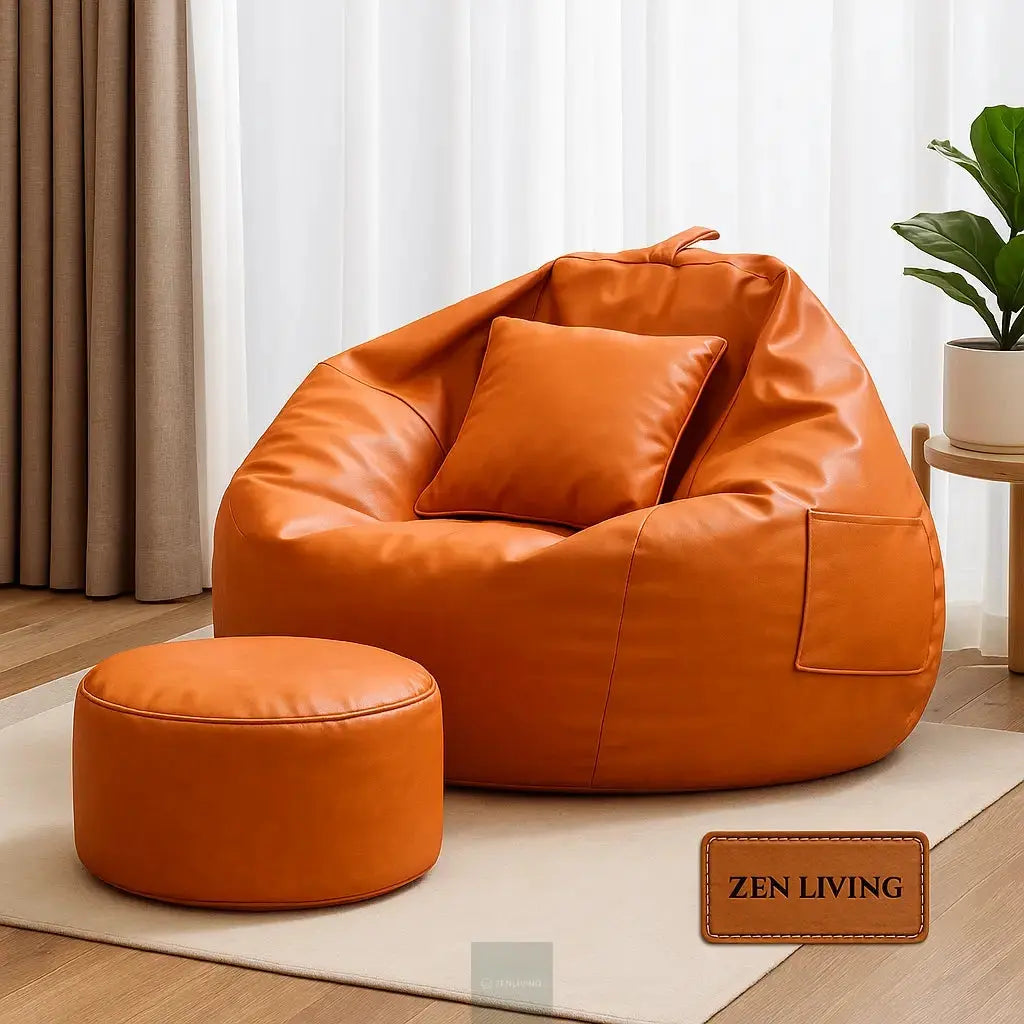 ZenLiving® 3XL Filled Bean Bag Combo – Faux Leather | Orange | Footrest + Cushion (Copy) Zen Living