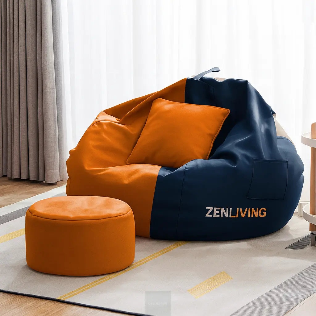 ZenLiving® 4XL Filled Bean Bag Combo – Faux Leather | Orange & Navy | Footrest + Cushion Zen Living