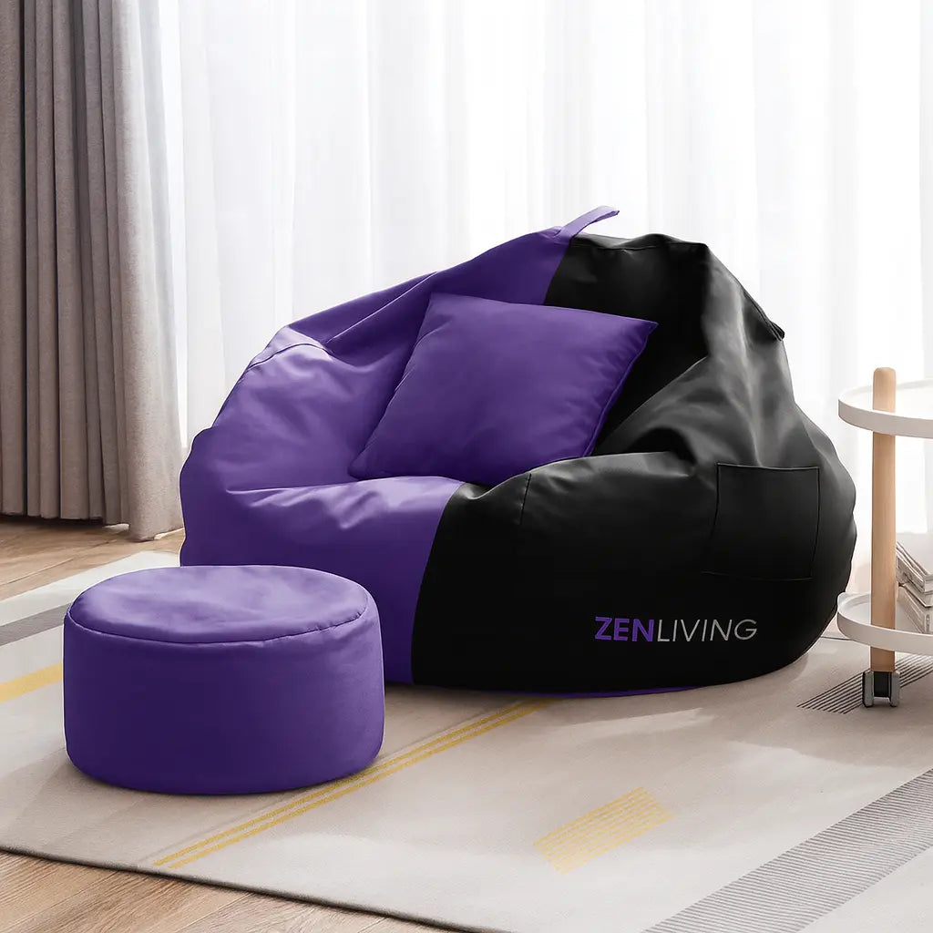ZenLiving® 4XL Filled Bean Bag Combo – Faux Leather | Purple & Black | Footrest + Cushion Zen Living