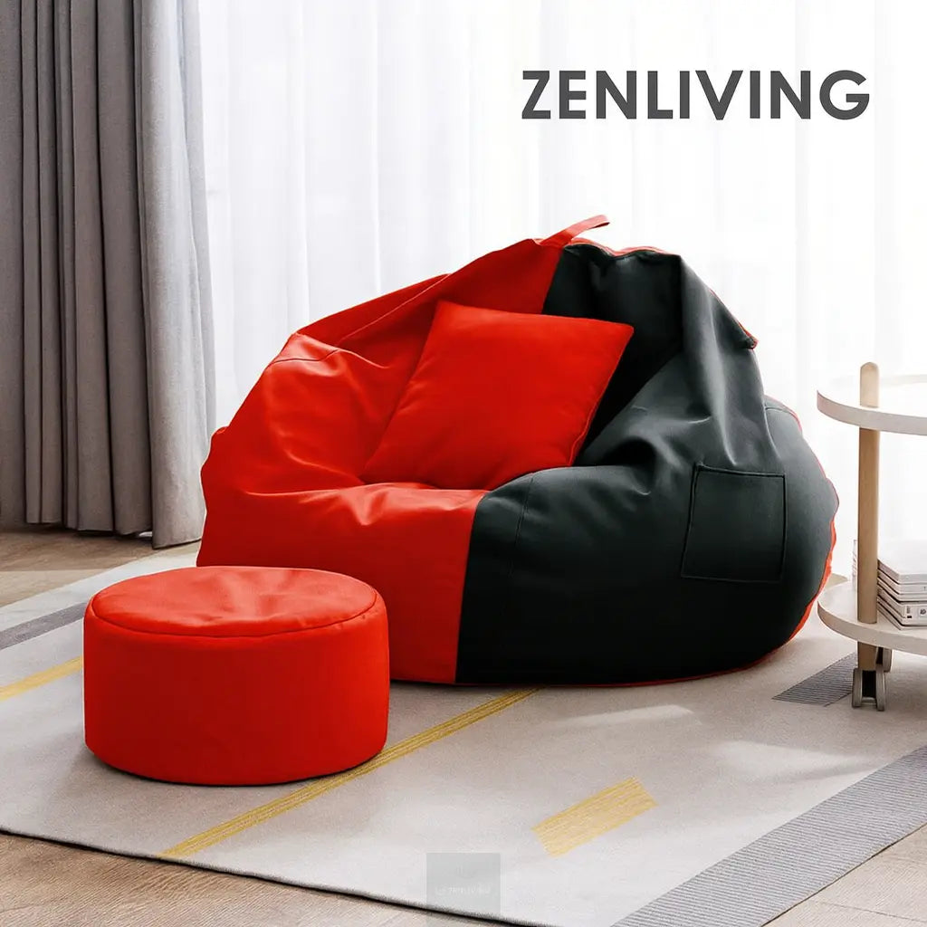 ZenLiving® 4XL Filled Bean Bag Combo – Faux Leather | Red & Black | Footrest + Cushion Zen Living