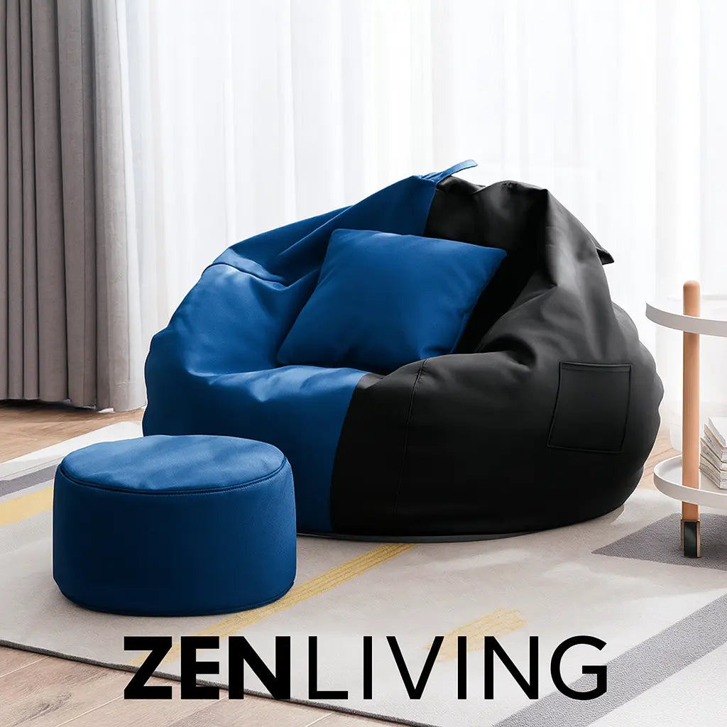 ZenLiving® 4XL Filled Bean Bag Combo – Faux Leather | Royal Blue & Black | Footrest + Cushion Zen Living