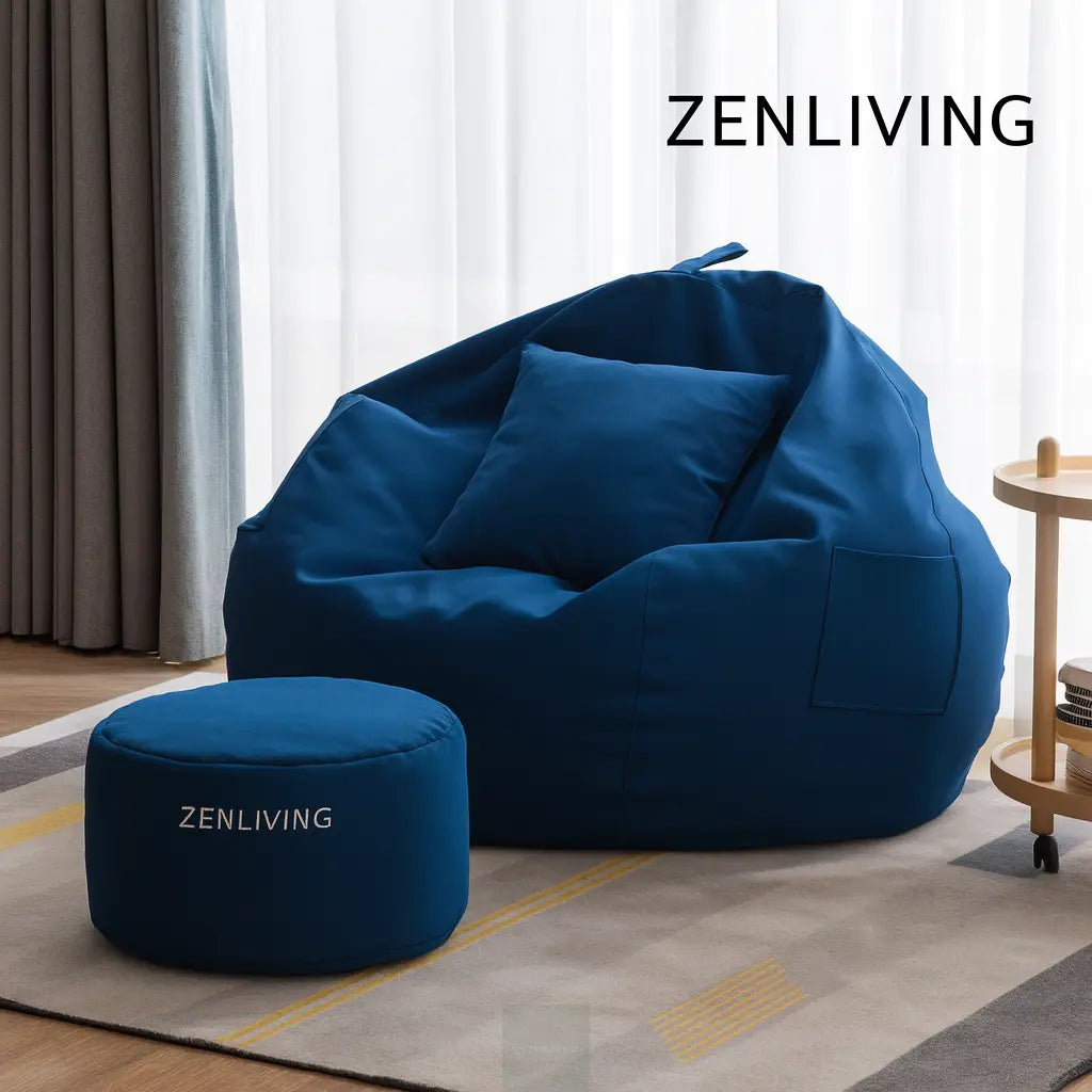 ZenLiving® 4XL Filled Bean Bag Combo – Faux Leather | Royal Blue | Footrest + Cushion Zen Living
