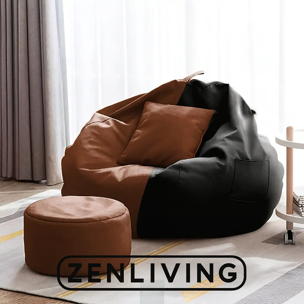 ZenLiving® 4XL Filled Bean Bag Combo – Faux Leather | Tan & Black | Footrest + Cushion (Copy) Zen Living