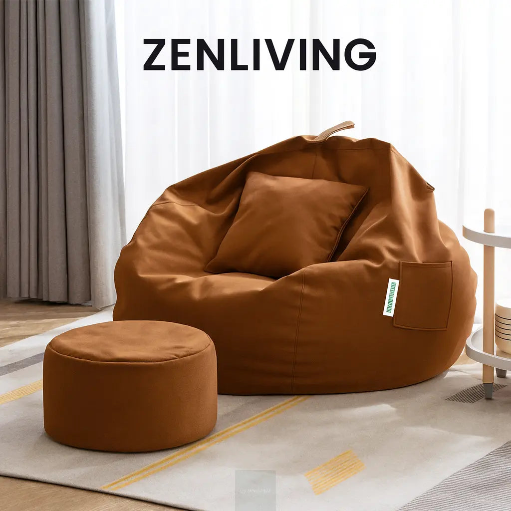 ZenLiving® 4XL Filled Bean Bag Combo – Faux Leather | Tan | Footrest + Cushion Zen Living