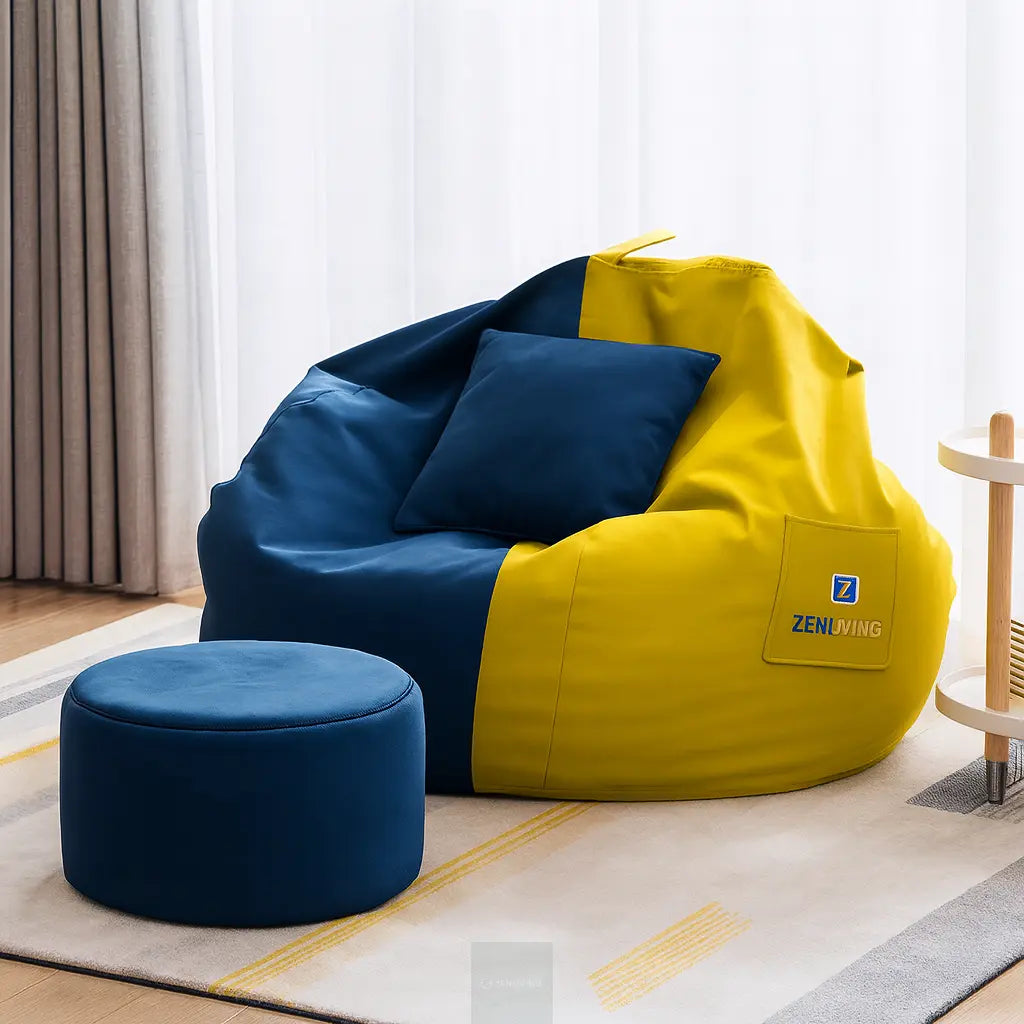 ZenLiving® 4XL Filled Bean Bag Combo – Faux Leather | Yellow & Blue | Footrest + Cushion Zen Living