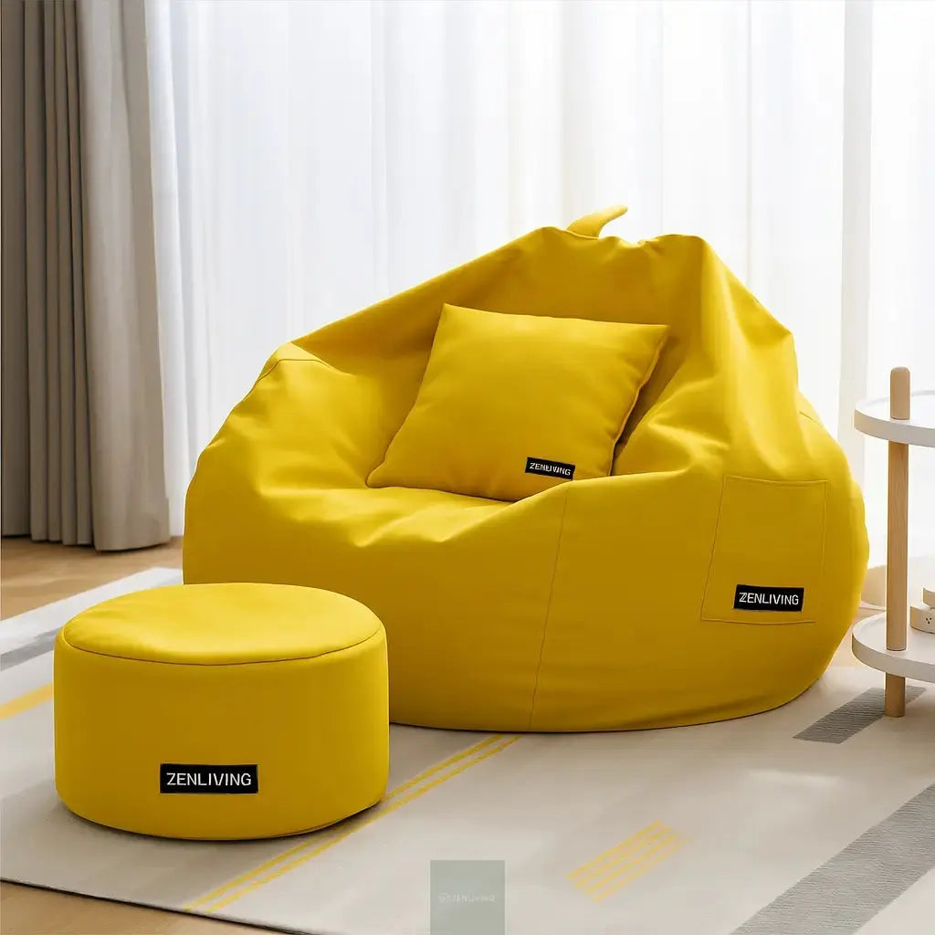 ZenLiving® 3XL Filled Bean Bag Combo – Faux Leather | Yellow | Footrest + Cushion Zen Living