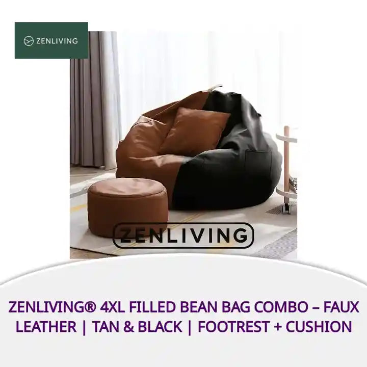 ZenLiving&reg; 4XL Filled Bean Bag Combo &ndash; Faux Leather | Tan &amp; Black | Footrest + Cushion by@Outfy