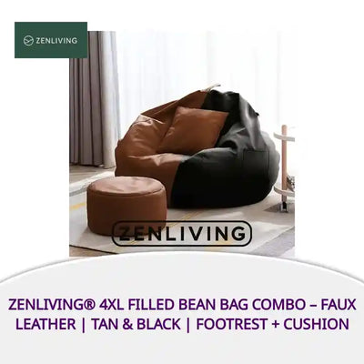 ZenLiving&reg; 4XL Filled Bean Bag Combo &ndash; Faux Leather | Tan &amp; Black | Footrest + Cushion by@Outfy