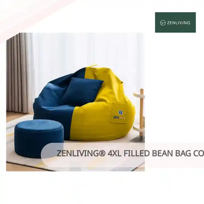 ZenLiving&reg; 4XL Filled Bean Bag Combo &ndash; Faux Leather | Yellow &amp; Blue | Footrest + Cushion by@Outfy