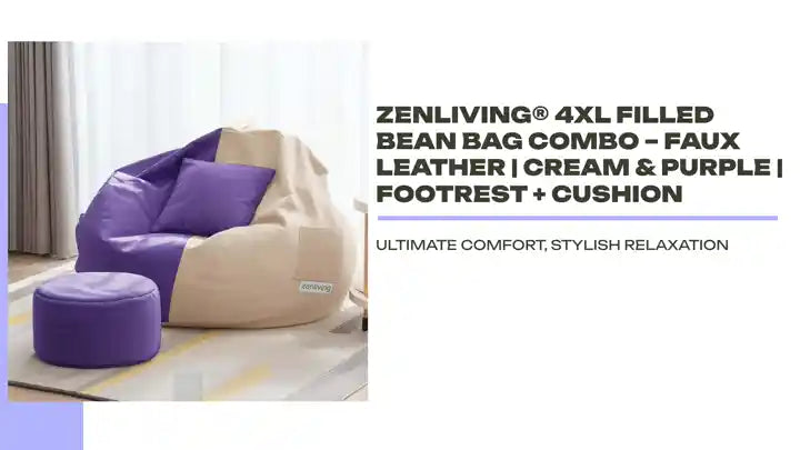 ZenLiving&reg; 4XL Filled Bean Bag Combo &ndash; Faux Leather | Cream &amp; Purple | Footrest + Cushion by@Outfy