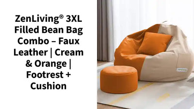ZenLiving&reg; 3XL Filled Bean Bag Combo &ndash; Faux Leather | Cream &amp; Orange | Footrest + Cushion by@Outfy