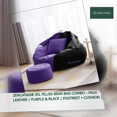 ZenLiving&reg; 3XL Filled Bean Bag Combo &ndash; Faux Leather | Purple &amp; Black | Footrest + Cushion by@Outfy