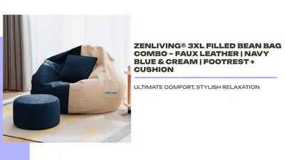 ZenLiving&reg; 3XL Filled Bean Bag Combo &ndash; Faux Leather | Navy Blue &amp; Cream | Footrest + Cushion by@Outfy