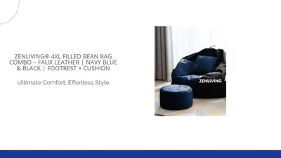 ZenLiving&reg; 4XL Filled Bean Bag Combo &ndash; Faux Leather | Navy Blue &amp; Black | Footrest + Cushion by@Outfy