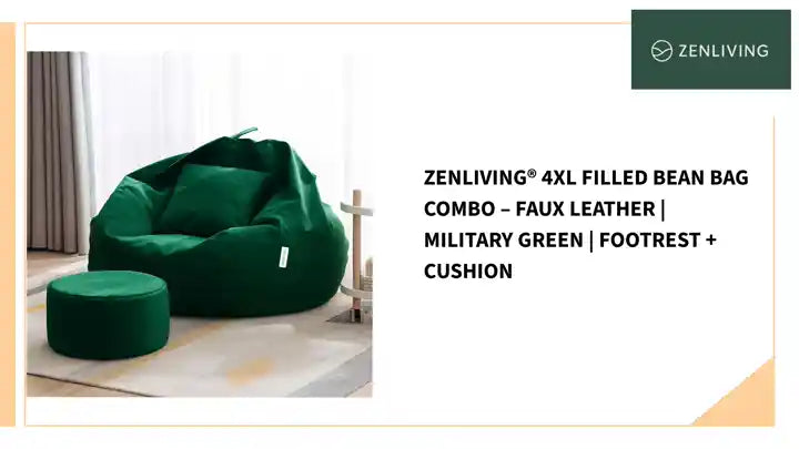 ZenLiving&reg; 4XL Filled Bean Bag Combo &ndash; Faux Leather | Military Green | Footrest + Cushion by@Outfy