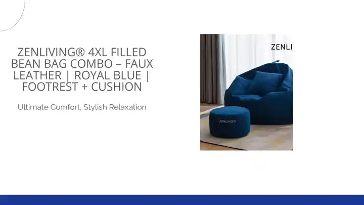 ZenLiving&reg; 4XL Filled Bean Bag Combo &ndash; Faux Leather | Royal Blue | Footrest + Cushion by@Outfy