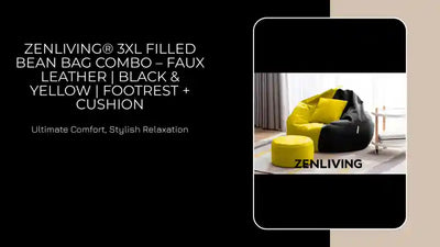 ZenLiving&reg; 3XL Filled Bean Bag Combo &ndash; Faux Leather | Black &amp; Yellow | Footrest + Cushion by@Outfy