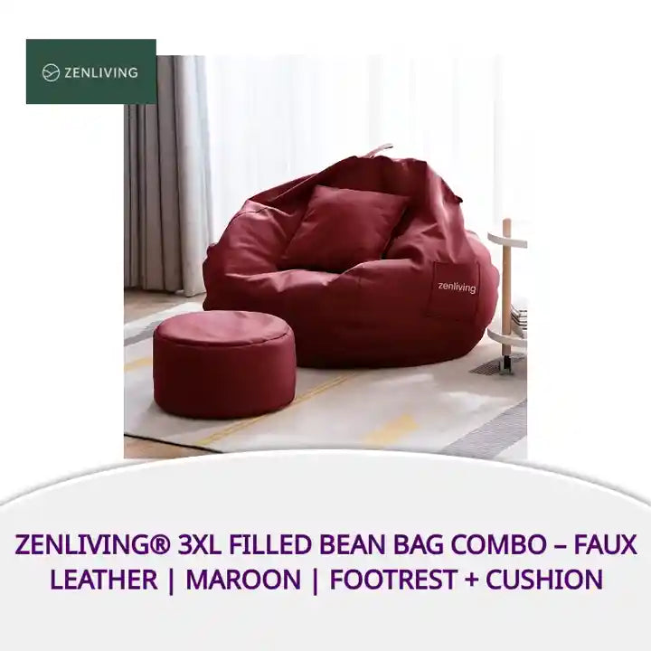 ZenLiving&reg; 3XL Filled Bean Bag Combo &ndash; Faux Leather | Maroon | Footrest + Cushion by@Outfy