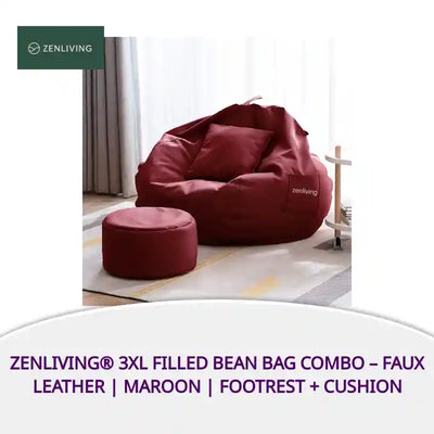 ZenLiving&reg; 3XL Filled Bean Bag Combo &ndash; Faux Leather | Maroon | Footrest + Cushion by@Outfy