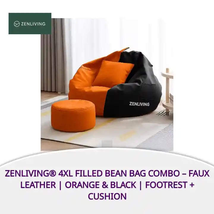 ZenLiving&reg; 4XL Filled Bean Bag Combo &ndash; Faux Leather | Orange &amp; Black | Footrest + Cushion by@Outfy