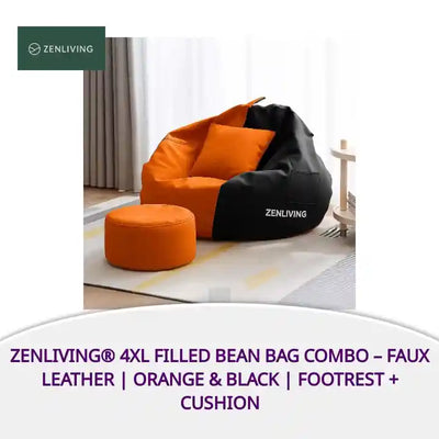 ZenLiving&reg; 4XL Filled Bean Bag Combo &ndash; Faux Leather | Orange &amp; Black | Footrest + Cushion by@Outfy