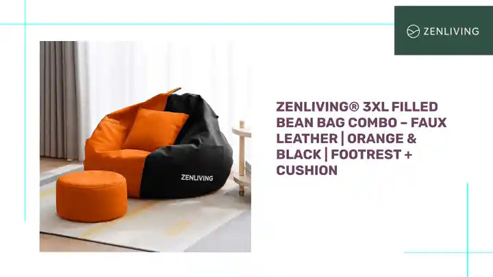 ZenLiving&reg; 3XL Filled Bean Bag Combo &ndash; Faux Leather | Orange &amp; Black | Footrest + Cushion by@Outfy