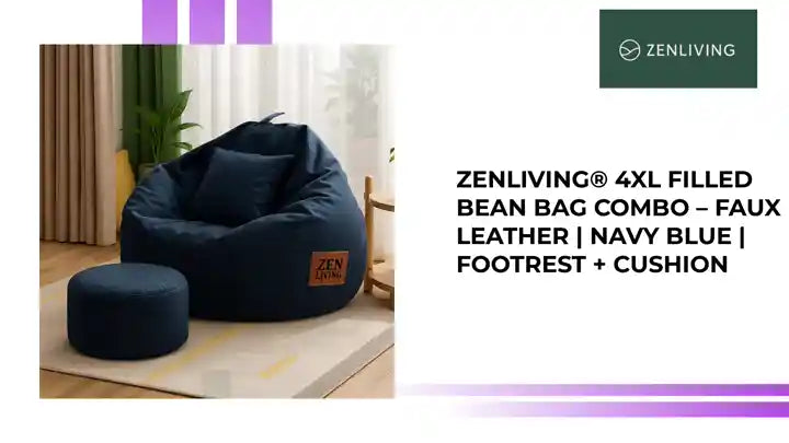 ZenLiving&reg; 4XL Filled Bean Bag Combo &ndash; Faux Leather | Navy Blue | Footrest + Cushion by@Outfy