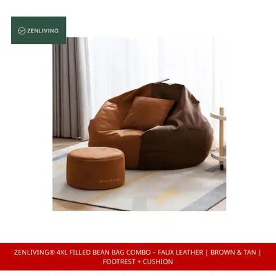 ZenLiving&reg; 4XL Filled Bean Bag Combo &ndash; Faux Leather | Brown &amp; Tan | Footrest + Cushion by@Outfy