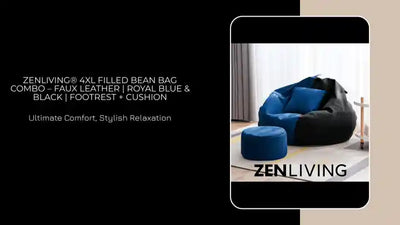 ZenLiving&reg; 4XL Filled Bean Bag Combo &ndash; Faux Leather | Royal Blue &amp; Black | Footrest + Cushion by@Outfy