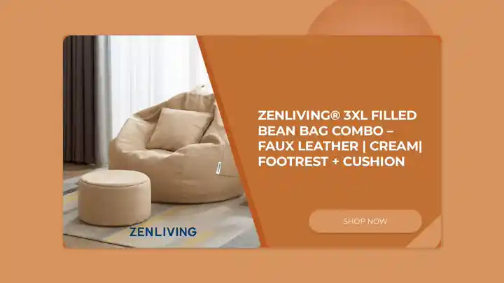 ZenLiving&reg; 3XL Filled Bean Bag Combo &ndash; Faux Leather | Cream| Footrest + Cushion by@Outfy