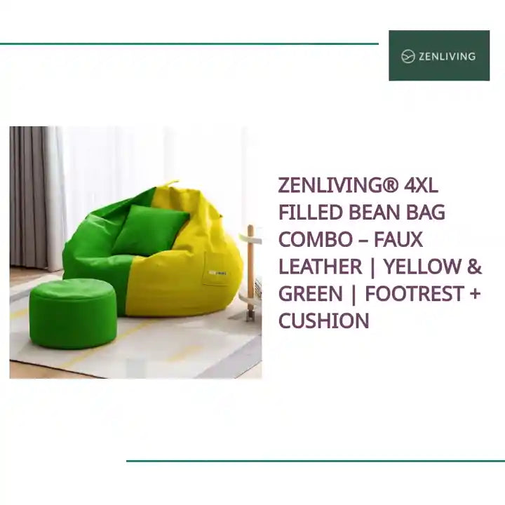 ZenLiving&reg; 4XL Filled Bean Bag Combo &ndash; Faux Leather | Yellow &amp; Green | Footrest + Cushion by@Outfy