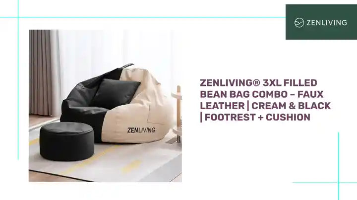 ZenLiving&reg; 3XL Filled Bean Bag Combo &ndash; Faux Leather | Cream &amp; Black | Footrest + Cushion by@Outfy