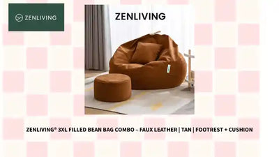 ZenLiving&reg; 3XL Filled Bean Bag Combo &ndash; Faux Leather | Tan | Footrest + Cushion by@Outfy