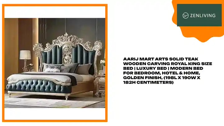 AARIJ MART Arts Solid Teak Wooden Carving Royal King Size Bed | Luxury Bed | Modern Bed for Bedroom, Hotel &amp; Home, Golden Finish, (198L x 190W x 182H Centimeters) by@Outfy