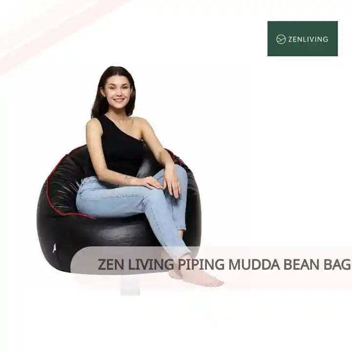 Zen Living Piping Mudda Bean Bag Chair Filled With Beans - Black With Red Piping by@Outfy