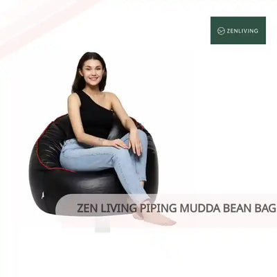 Zen Living Piping Mudda Bean Bag Chair Filled With Beans - Black With Red Piping by@Outfy