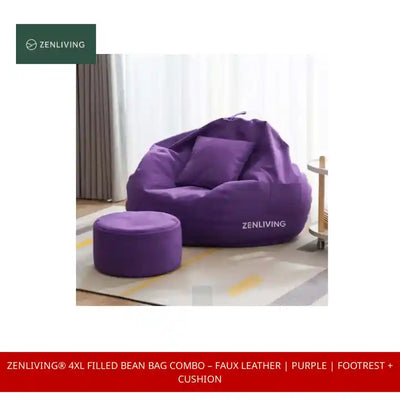 ZenLiving&reg; 4XL Filled Bean Bag Combo &ndash; Faux Leather | Purple | Footrest + Cushion by@Outfy