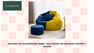 ZenLiving&reg; 3XL Filled Bean Bag Combo &ndash; Faux Leather | Yellow &amp; Blue | Footrest + Cushion by@Outfy