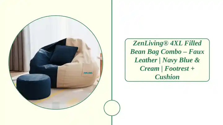ZenLiving&reg; 4XL Filled Bean Bag Combo &ndash; Faux Leather | Navy Blue &amp; Cream | Footrest + Cushion by@Outfy