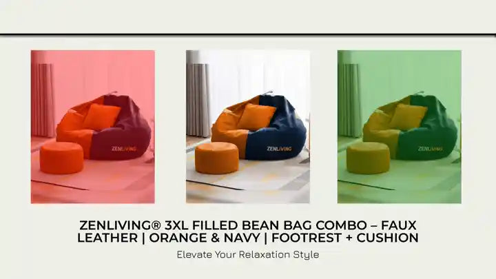 ZenLiving&reg; 3XL Filled Bean Bag Combo &ndash; Faux Leather | Orange &amp; Navy | Footrest + Cushion by@Outfy
