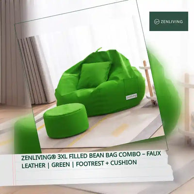 ZenLiving&reg; 3XL Filled Bean Bag Combo &ndash; Faux Leather | Green | Footrest + Cushion by@Outfy