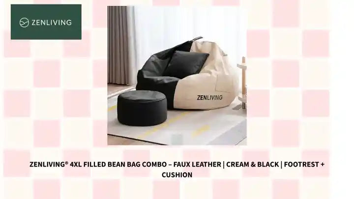 ZenLiving&reg; 4XL Filled Bean Bag Combo &ndash; Faux Leather | Cream &amp; Black | Footrest + Cushion by@Outfy