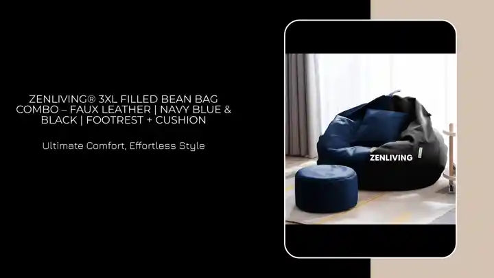 ZenLiving&reg; 3XL Filled Bean Bag Combo &ndash; Faux Leather | Navy Blue &amp; Black | Footrest + Cushion by@Outfy