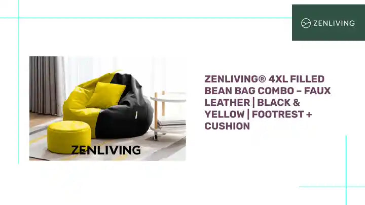 ZenLiving&reg; 4XL Filled Bean Bag Combo &ndash; Faux Leather | Black &amp; Yellow | Footrest + Cushion by@Outfy
