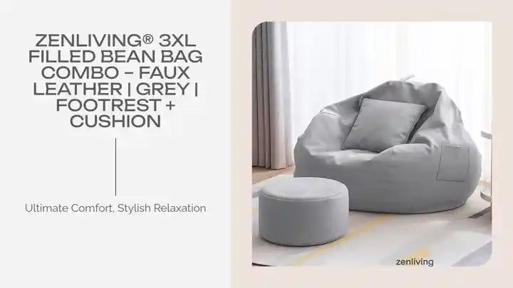 ZenLiving&reg; 3XL Filled Bean Bag Combo &ndash; Faux Leather | Grey | Footrest + Cushion by@Outfy