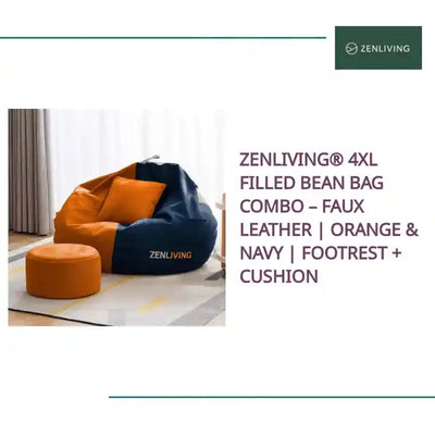 ZenLiving&reg; 4XL Filled Bean Bag Combo &ndash; Faux Leather | Orange &amp; Navy | Footrest + Cushion by@Outfy