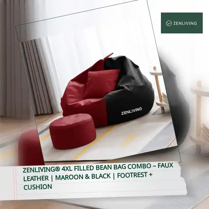 ZenLiving&reg; 4XL Filled Bean Bag Combo &ndash; Faux Leather | Maroon &amp; Black | Footrest + Cushion by@Outfy