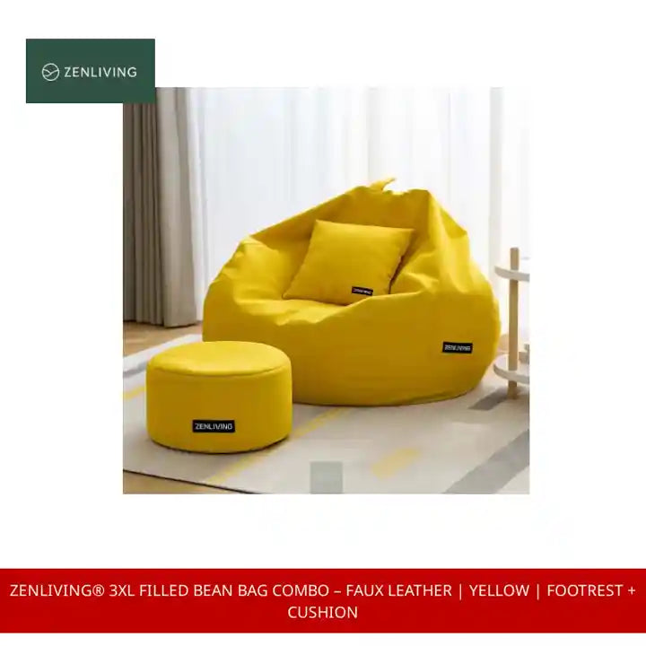 ZenLiving&reg; 3XL Filled Bean Bag Combo &ndash; Faux Leather | Yellow | Footrest + Cushion by@Outfy